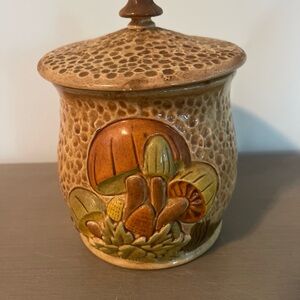Brown and Tan Ceramic Kitchen Canister with Mushroom Design